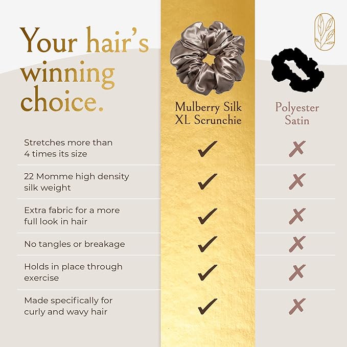 Silk Scrunchies for Women Ponytail Holders – Oversized Mulberry Silk Scrunchies – Extra Large No Damage Hair Ties for Curly, Thick, and Thin - Hair Accessories for Women – London Fog, XL By Curlfriend