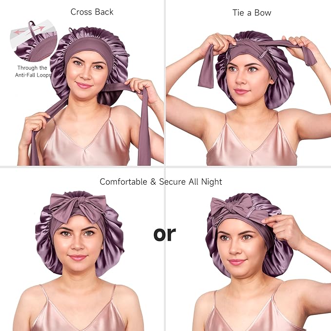 YFONG 100% 22 Momme Mulberry Silk Bonnet for Sleeping Women, Larger Double Layer Silk Hair Wrap for Curly Short Long Hair, Non-Slip Sleep Cap Turban with Elastic Tie Band for Hair Care, Purple