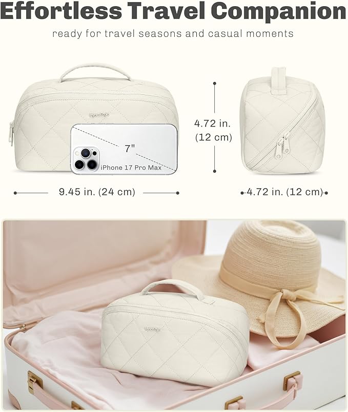 Hynes Eagle Travel Makeup Bag for Women Puffy Cosmetic Organizer Pouch Open Flat Toiletry Bag for Toiletries, Brushes Beige