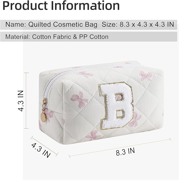 Gleyemor Personalized Initial Makeup Bag for Women, Cute Quilted Pink Floral Cotton Cosmetic Bag, Christmas Gifts for Her Mom Friend Sister Bridesmaid Teacher Women B