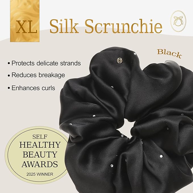 100% Mulberry Silk Scrunchies for Women Ponytail Holders – Plus Rhinestone-Embellished Design for Curly, No Damage Hair Ties for Curly, Thick, and Thin - Hair Accessories for Women (Black)
