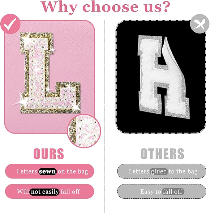 Initial Letter Patch Makeup Bag, Small Preppy A-Z Glitter Letter Cosmetic Bag, PU Leather Waterproof Travel Toiletry Bag, Cute Make Up Pouch Personalized Monogrammed Gift for Women Teen Girls