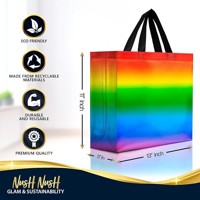 Nush Nush Large Rainbow Gift Bags– Set of 12 Colorful Holographic Reusable Gift Bags with Handles - Ideal Rainbow Goodie Bag for Birthday Party, Kids Party, Sleepover, Pride Events - 13x5x11