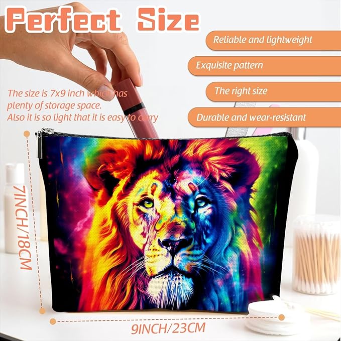 Makeup Bag Travel Cosmetic Bags Small Makeup Case Waterproof Zipper Pouch for Women Girls 7X9inches - Fantasy - Style Lion Portrait in Vivid Colors