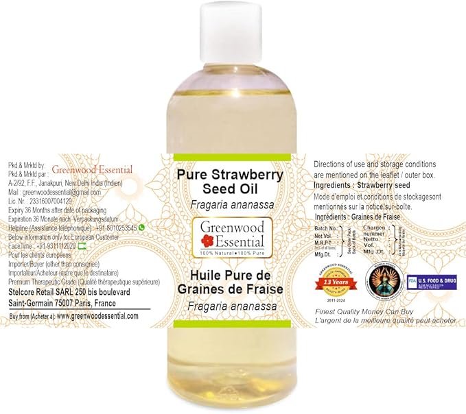 Greenwood Essential Pure Strawberry Seed oil (Fragaria ananassa) Natural Therapeutic Grade 200ml (6.76 oz)