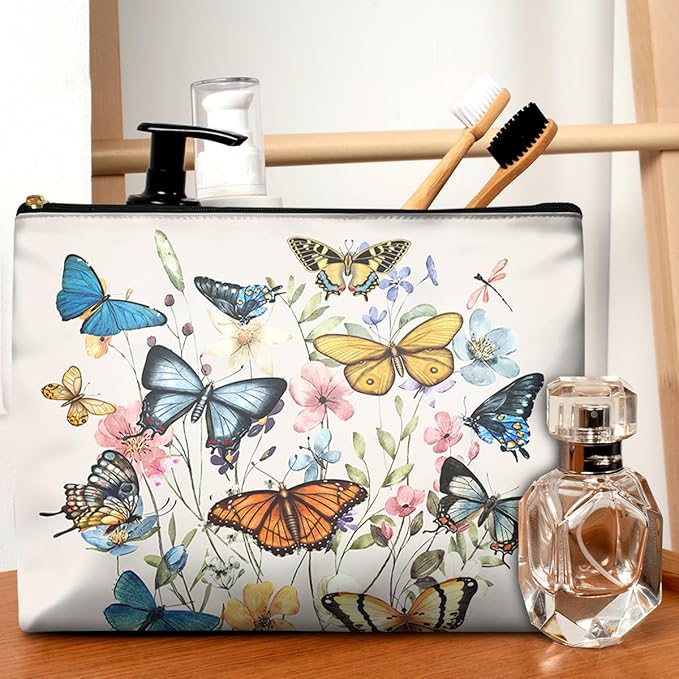 Cute Makeup Bag for Purse Waterproof Cosmetic Bags for Women Funny Smooth Zipper Travel Toiletry Pouch 10X8 Inches-Butterfly Wildflower Makeup pouch