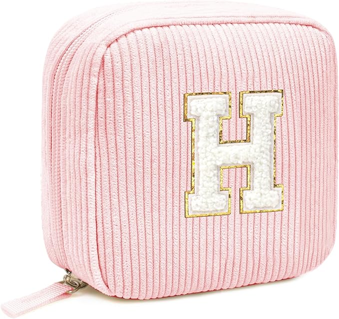LETGO Birthday Gifts for Women Small Personalized Initial Monogram Makeup Bag,Preppy Corduroy Makeup Bags Travel Toiletry Bag Cute Pouch Purse for Her Mom Girlfriend Wife Sister Teacher Bridesmaid