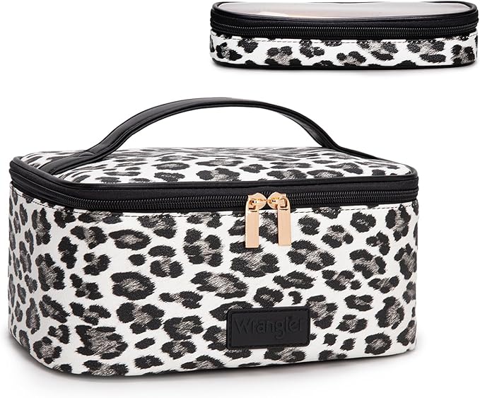 Montana West X Wrangler Travel Makeup Bag 2pcs Set Large Cosmetic Bag with Makeup Brush Holder Portable Make Up Organizer Cute Toiletry Bag with Divider and Handle for Women Leopard