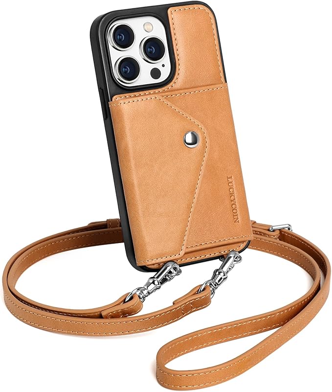 LUCKYCOIN Crossbody Wallet Phone Case for iPhone 15 Pro,100% Genuine Leather Wallet Phone Case with Expandable Flip Card Holder,Phone Purse for Women with Adjustable Removable Strap - Tan