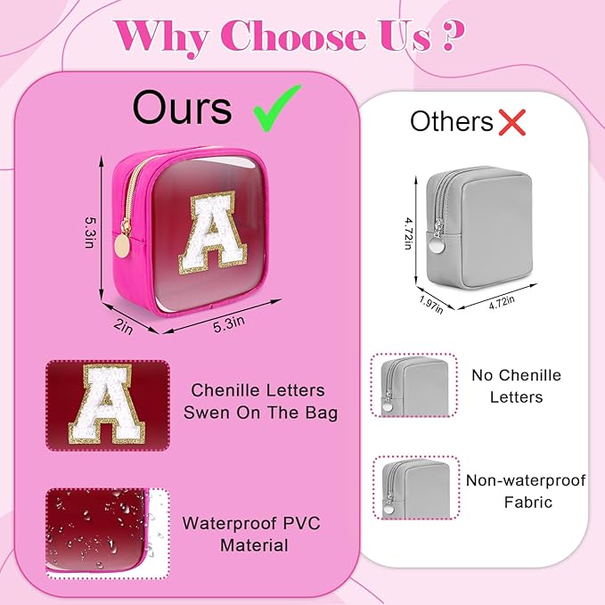 Personalized Initial Letter Clear Preppy Makeup Bag,Mini Nylon Chenille Letter Cosmetic Bag Cute Zipper Pouch Coin Purse for Teen Girls,Portable TSA Approved Travel Essentials Bag Gift for Women,J