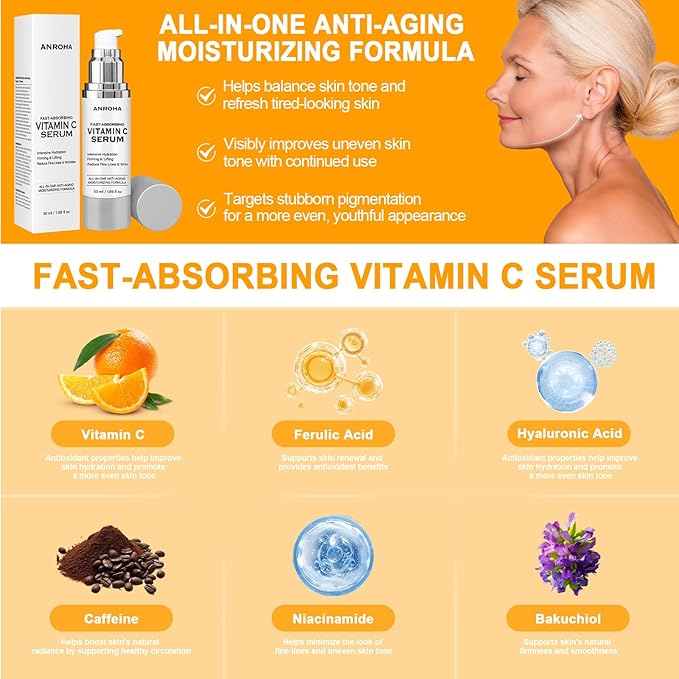 Vitamin C Serum for Women over 70, Vitamin C Serum for Mature Skin Face Hydrates, Firms, Lifts, Targets Age Marks, Wrinkles and Smoothes Skin Texture 1.69 fl oz Pack of 2