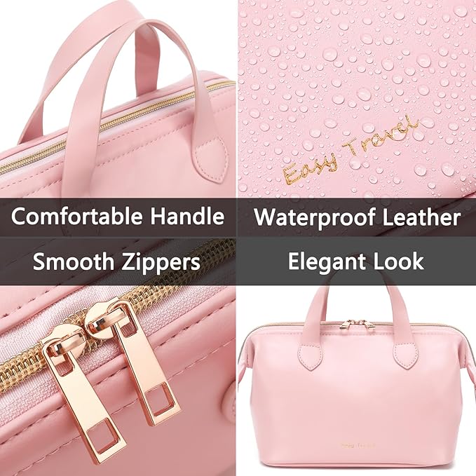 Travel Makeup Bag, Large Wide-open Cosmetic Bag Make Up Organizer Case for Women, Waterproof PU Leather Toiletry Bag Skincare Pouch for Toiletries Accessories Brushes