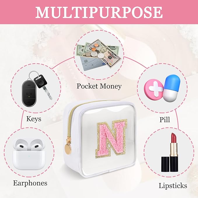 Mini Clear Personalized Initial Makeup Bag,Nylon Preppy A-Z Chenille Letter Patch Zipper Cosmetic Bag, Small Cute Beach Pouch Travel Purse Sanitary Napkin Storage Bag for Women Girls(White-Pink N)