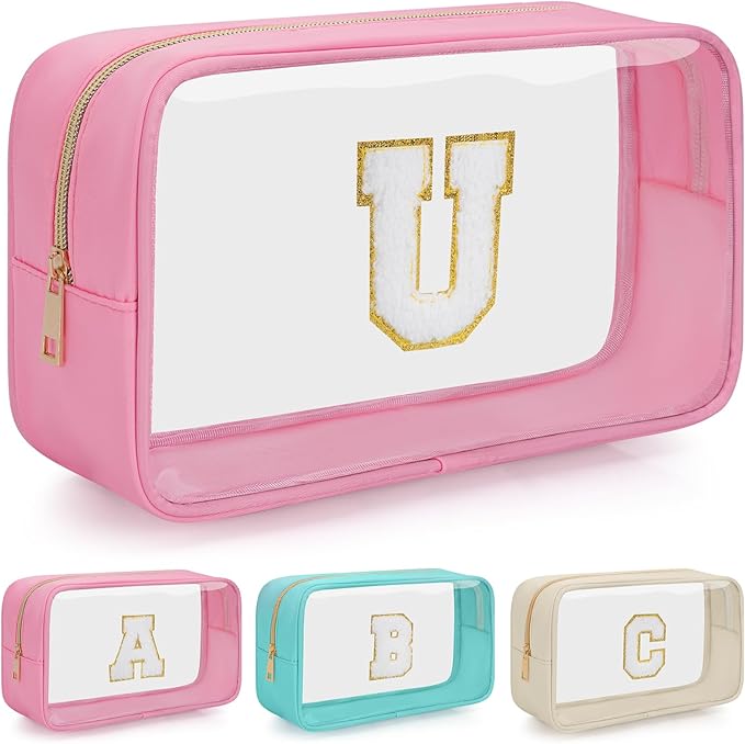 Personalized Initial Clear Makeup Bag, Travel Chenille Patch Cosmetic Bag, Preppy Toiletry Bag Monogram Cosmetic Pouch with Zipper, Ideal Gift for Teen Girls Women (Clear-Pink, U)