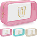 Personalized Initial Clear Makeup Bag, Travel Chenille Patch Cosmetic Bag, Preppy Toiletry Bag Monogram Cosmetic Pouch with Zipper, Ideal Gift for Teen Girls Women (Clear-Pink, U)