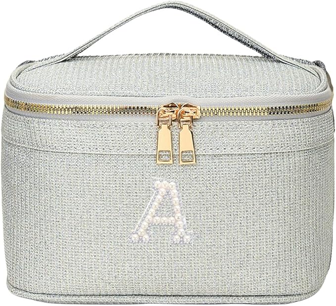 EURYNOME Sparkling Monogram Makeup Bag - Water-Resistant Travel Cosmetic Organizer (8.3x5.1x5.1 Inch) for Women, Custom Letter A Design