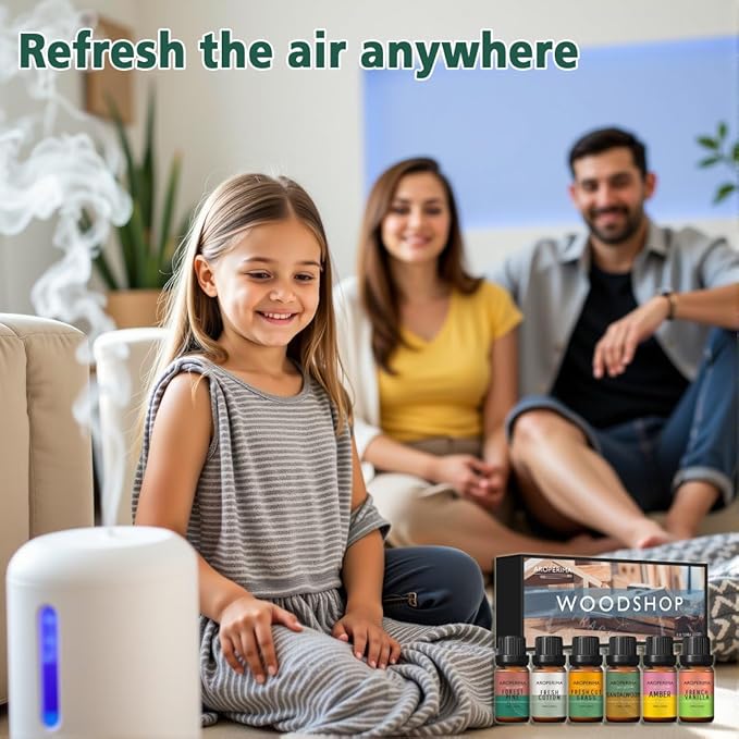 WOODSHOP Fragrance Essential Oil Set - French Vanilla, Amber, Forest Pine, Fresh Cotton, Fresh Cut Grass, Sandalwood 6x10ML for Diffusers, Massage, Perfume, Soap Making and Candle