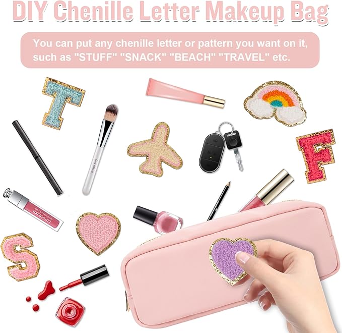 Nylon Slim Makeup Bag, Preppy Cute Makeup Brush Bag Pink Makeup Organizer for Women Men Girls - Waterproof Travel Toiletry Cosmetic Zipper Pouch