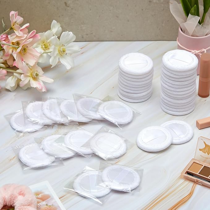 100 Pcs Cotton Powder Puff Washable 2.36 Inch White Round Cosmetic Face Powder Makeup Puffs with Ribbon Body Cosmetic