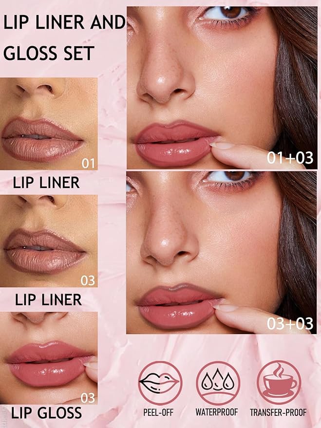 Peel Off Tattoo Lip Liner Stain Lip Gloss Combo Sets, 2 Colors Rose Pink Brown Matte Lip Liner and Nourishing Lip Gloss Tint Stain Kit, Long Lasting Waterproof Non Sticky Liquid Lipstick Makeup-Set 03