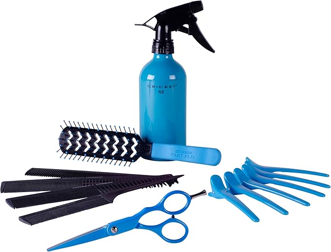 Cricket High Voltage Shear Kit 5.5” Haircutting Shears, Carbon Comb 4 Pack, Aluminum Spray Bottle, Static Free Fast Flo Vent Brush UltraClean ProClips 6 PK, Value Kit ($103.14 Value), Neon Blue