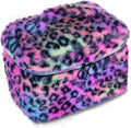 Plush Travel Makeup Bag Toiletry bag for Women Soft Fluffy Cosmetic Bag Portable Foldable (Rainbow Leopard)