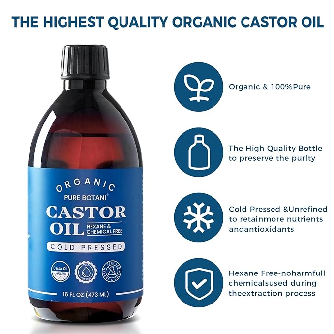 Castor Oil Organic Cold Pressed,100% Pure Hexane Free, Unrefined Natural Oil for Hair Growth, Eyelashes, Eyebrows, Skin & Body Moisturizing,16Oz