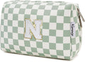 Narwey Birthday Gifts for Teen Girls Kids Women Personalized Initial Checkered Makeup Bag Preppy Cosmetic Bag Trendy Stuff 6 8 10 11 12 13 14 16 18 Years Old Travel Toiletry Bag (Green Letter N)