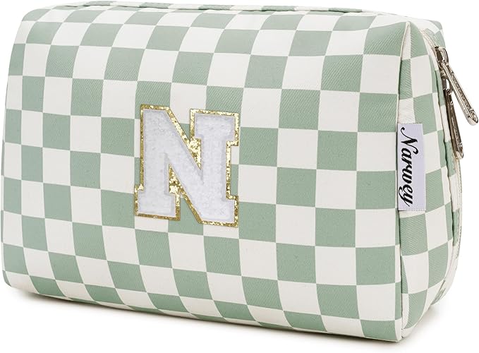 Narwey Birthday Gifts for Teen Girls Kids Women Personalized Initial Checkered Makeup Bag Preppy Cosmetic Bag Trendy Stuff 6 8 10 11 12 13 14 16 18 Years Old Travel Toiletry Bag (Green Letter N)
