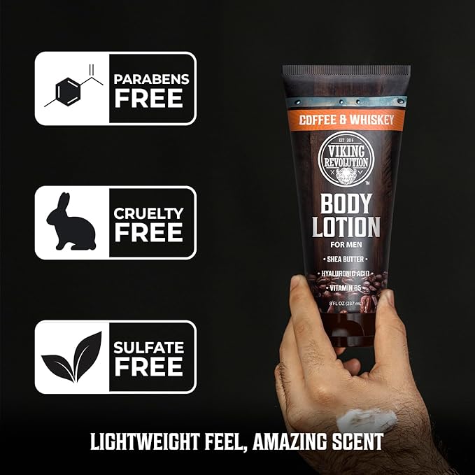 Viking Revolution Coffee Whiskey Body Lotion for Men –Mens Lotion for Dry Skin with Shea Butter, Hyaluronic Acid and Vitamin B5 – Nourishing Mens Body Lotion for Hydrated and Smooth Skin (8oz, 1 Pack)