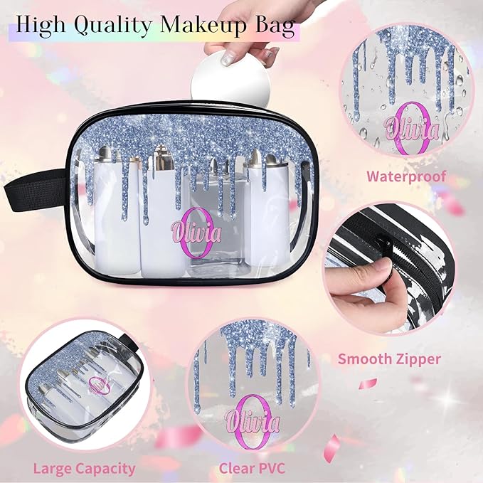 Custom Travel Clear Cosmetic Bag with Name, Personalized Large Capacity Weekend PVC Transparent Toiletry Bag Portable Bathroom Makeup Organizer, Grey Blue Water Fluid Shape Glittering