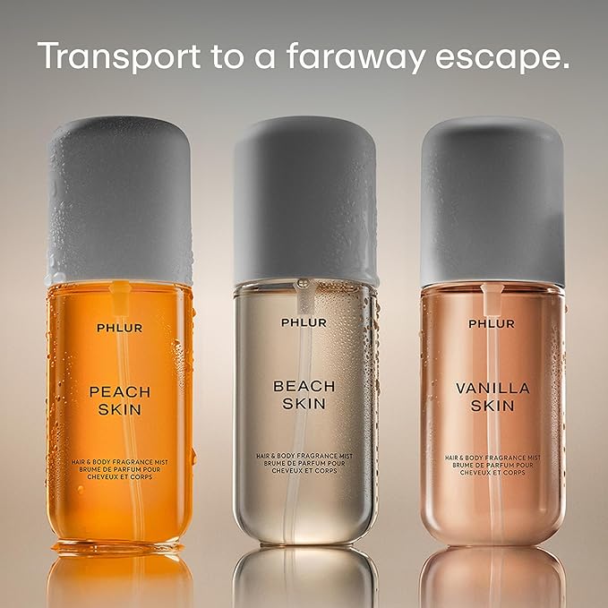 PHLUR Paradise Skin Set - Travel Size Body Mist Gift Set - Peach Skin, Vanilla Skin, & Beach Skin - Travel Size Hair and Body Fragrance Mist Trio (3 x 3 fl oz)