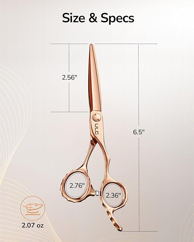 ULG Professional Hair Cutting Scissors with Luxury 18K Rose Gold Finish 6.5" Barber Scissors 440C Japanese Stainless Steel Hand-Honed Razor Sharp Blades Offset Handles Tension Adjustable, Right-Handed
