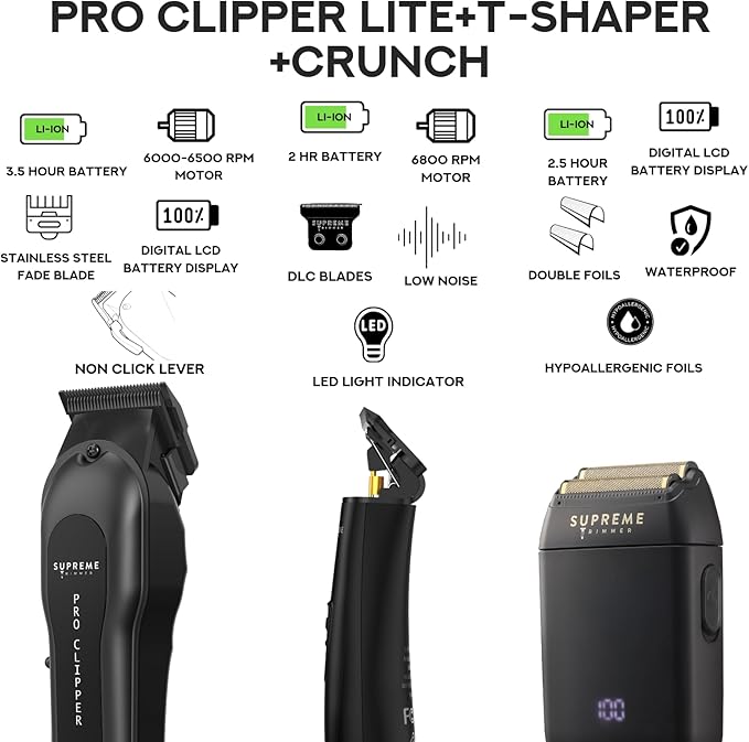Supreme Trimmer 3-in-1 Barber Bundle | Pro Clipper Lite, T-Shaper Trimmer & Crunch Foil Shaver | Professional Beard Trimmer Men’s Hair Clipper Kit | Black