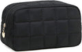 Makeup Bag for Women, Travel Cosmetic Bag Organizer with Compartments, Quilted Puffy Toiletry Pouch for Brushes, Essentials and Accessories, Black