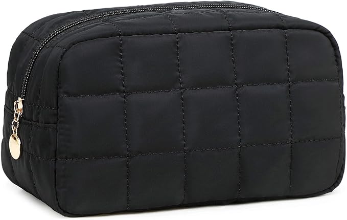 Makeup Bag for Women, Travel Cosmetic Bag Organizer with Compartments, Quilted Puffy Toiletry Pouch for Brushes, Essentials and Accessories, Black
