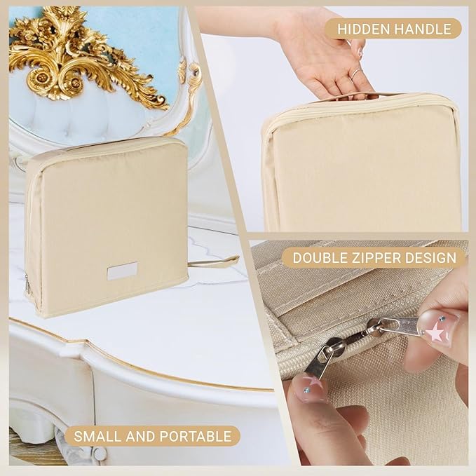 Large Capacity Standing Makeup Bag for Travel, Foldable Hanging Toiletry Organizer with 3 Storage Layers & 8 Inner Pockets, Portable Cosmetic Case for Women (Beige)