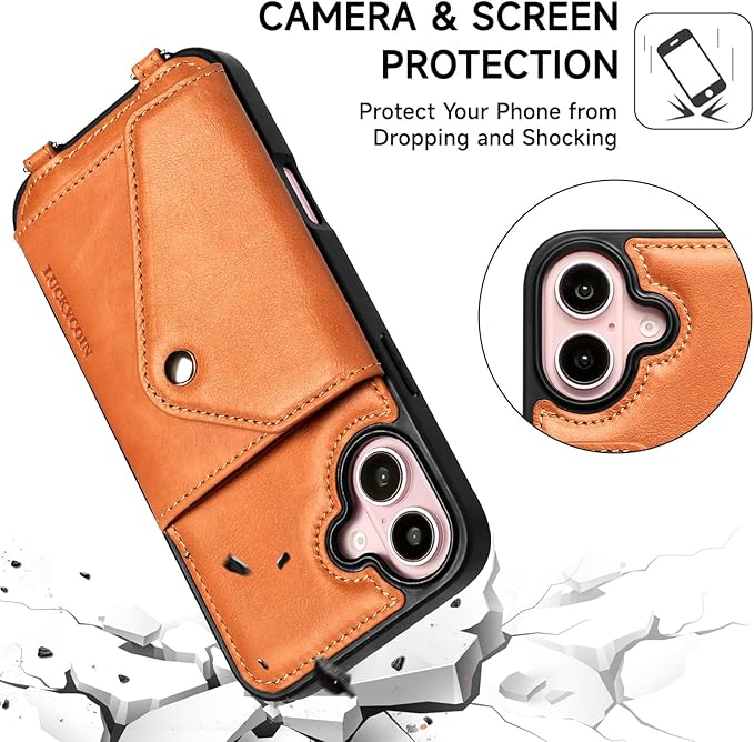 LUCKYCOIN Crossbody Wallet Phone Case for iPhone 16 Plus,100% Genuine Leather Wallet Phone Case with Expandable Flip Card Holder,Phone Purse for Women with Adjustable Removable Strap - Tan