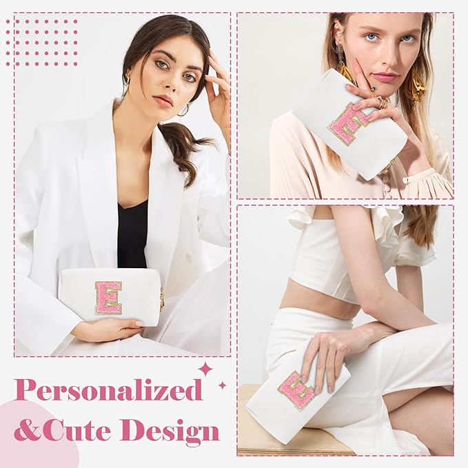 Personalized Makeup Bag Initial A-Z Preppy Patch Bag,Small PU Leather Travel Cosmetic Bag Pouch with Zipper,White Cute Toiletry Bag,Gift Ideal for Teen Girls Women Birthday Friend Mom,Letter E