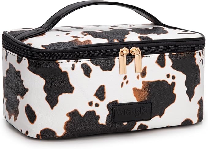Montana West X Wrangler Travel Makeup Bag 2pcs Set Large Cosmetic Bag with Makeup Brush Holder Portable Make Up Organizer Cute Toiletry Bag with Divider and Handle for Women Cow Black