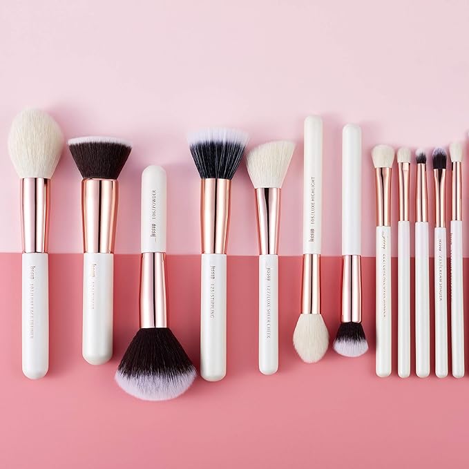 Jessup Brand 25pcs Professional Makeup Brush set Beauty Cosmetic Foundation Power Blushes eyelashes Lipstick Natural-Synthetic Hair Brushes set (Pearl White/Rose Gold)