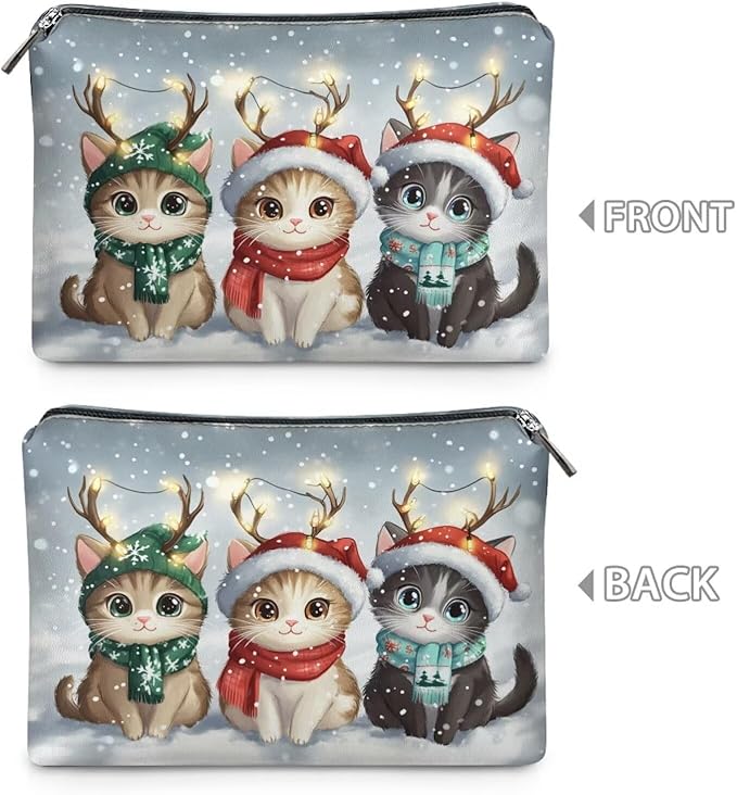 COEQINE Christmas Makeup Bag For Purses for Women Cute Cat Money Bags With Zipper Leather Cosmetic Bag For Purse Cute Soft Aesthetic Travel Toiletry Bag for Womens Birthday Gifts