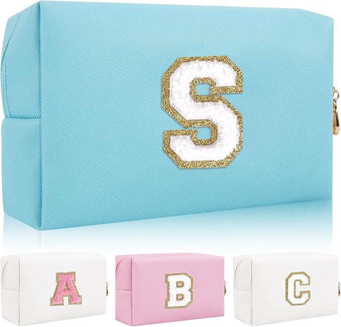 Personalized Initial Letter Patch Makeup Bag, Preppy Portable Chenille Cosmetic Bag with Zipper, PU Leather Waterproof Travel Toiletry Bag Monogram Make Up Pouch for Women Girls