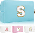 Personalized Initial Letter Patch Makeup Bag, Preppy Portable Chenille Cosmetic Bag with Zipper, PU Leather Waterproof Travel Toiletry Bag Monogram Make Up Pouch for Women Girls
