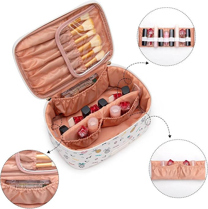 Montana West X Wrangler Travel Makeup Bag 2pcs Set Large Cosmetic Bag with Makeup Brush Holder Portable Make Up Organizer Cute Toiletry Bag with Divider and Handle for Women Beige