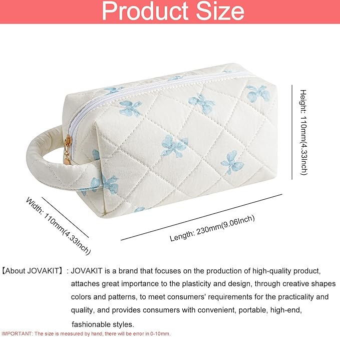 JOVAKIT Travel Makeup Bag Cosmetic Bag for Women, Christmas Gifts, Small Floral Flowers Coquette Toiletry Bag with Handle, Zipper Make Up Pouch Organizer Bag Trendy Stuff (Blue Bow Tie)