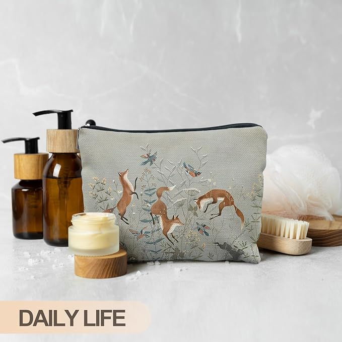Fox Gifts for Women, Fox Wildflowers Makeup Bag, Forest Fox Cottagecore Cosmetic Bags Toiletry Bag for Women, Animal Lover Gifts