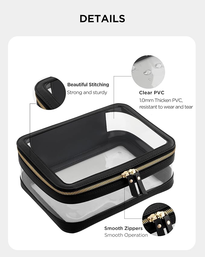Large Clear Makeup Bag for Women, Portable Travel Makeup Bag Organizer Waterproof Toiletry Bag Cute Makeup Bags Cosmetic Bag Makeup Pouch, Black