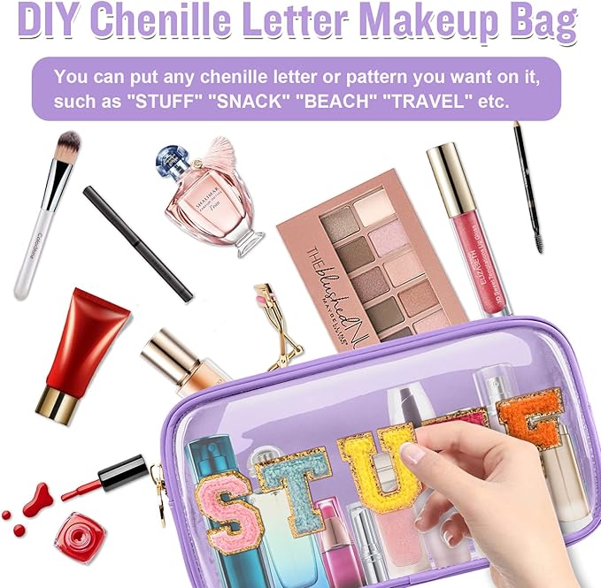 Small Clear Travel Makeup Organizer Bag for Purse, Cute Makeup Bag Preppy Cosmetic Zipper Pouch Purse, Transparent PVC & Nylon Waterproof Make Up Brush Bag Toiletry Storage for Women Girls(Purple)