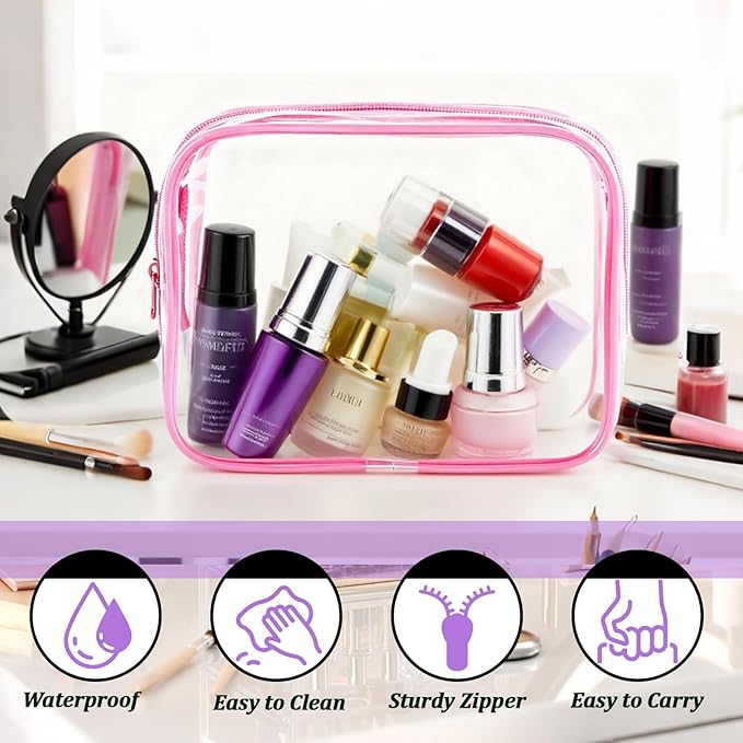 6 Pieces Clear Makeup Bags Bulk, TSA Approved Toiletry Bag PVC Clear Cosmetic Toiletries Pouch with Zipper, Waterproof Vinyl Plastic Organizer Case for for Women Carry-on Travel Essentials